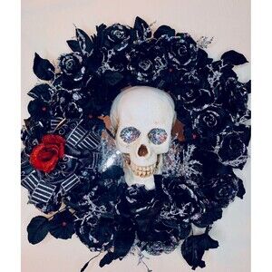 Lighted Jeweled and Sparkle Red Rose Gothic Skull Black Wreath 22 inches